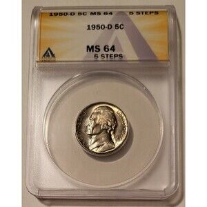 1950 D Jefferson Nickel MS64 5 Steps ANACS Toned